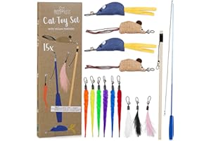 PRETTY KITTY Cat Fishing Rod Toys Set Vegan: XL 15 Pcs Cat Toy Set with Cat Wand Toys, artificial Cat Feather Toy and Indoor Cats Catnip Toy Cat Rod
