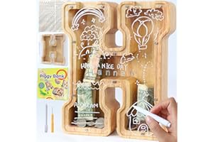 Lakpopya Spardose für Kinder Jungen Mädchen Sparschwein Kinder Spardose Personalisiert Durchsichtig Spardose Buchstabe Holz A-Z mit Zielbereich & Aufkleber & Marker, Taufe Geschenk Dekoration (H)