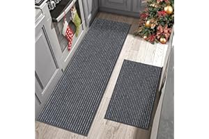 BEQHAUSE Kitchen Rugs and Mats Non Skid Washable Kitchen Floor Mat with TPR Backing 100% Polyester Dark Grey Kitchen Mat Set of 2 Absorbent Runner Rugs for Kitchen 60X89cm+60X152cm, Dark Grey