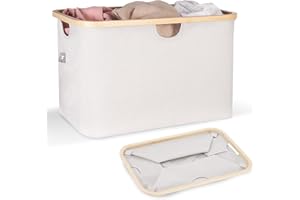 HENNEZ Panier à linge pliable 60 l Gris clair - Panier à linge en tissu avec bord en bambou - Panier à linge pliable pliable avec plat - Panier à linge portable