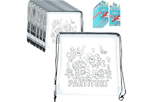 Partituki Detalles para Niños 20 Mochilas para Colorear y 20 Sets de 7 Ceras de Colores. Detalles Fiestas Infantiles. con Certificado CE de no Toxicidad