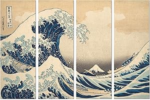 Panorama Obraz na płótnie Hokusai Wielka fala Kanagawa 70 x 50 cm 4 sztuki - drukowane na wysokiej jakości płótnie - obraz ścienny do salonu - płótno sypialnia - obrazy vintage - dekoracja domu