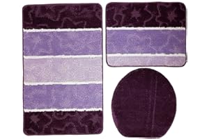 ILKADIM Orion Badgarnitur 3 TLG. Set 50x80 cm Mehrfarbig gestreift, WC Vorleger ohne Ausschnitt für Hänge-WC (Beere Flieder)