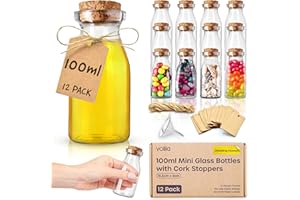 volila Szklane Butelki - 100ml (12 Szt.) Szklane Słoiki z Korkowymi Pokrywkami na Mleko, Jogurt, Przyprawy lub Dżem - Małe Szklane Słoiki na Prezenty na Przyjęcia, Wesela i Projekty DIY