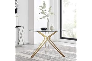 Furniturebox UK CASCINA Modern Industrial Glass And Gold Metal Round Stylish Dining Table And 4 Velvet Pesaro Gold Dining Chairs Set (Dining Table Only)