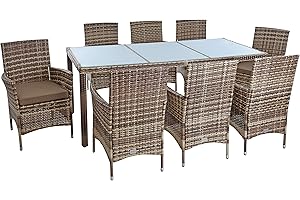 ESTEXO Polyrattan Sitzgruppe Gartenmöbel Set 8 Personen Rattanmöbel Gartenset Rattan Essgruppe Garten-Stühle Garten-Tisch Hocker Sessel mit Kissen (Beige-Braun)