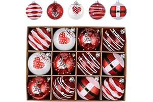 Valery Madelyn Weihnachtskugeln, 12 Stücke 8cm Christbaumkugeln Kunststoff Weihnachtskugel Weihnachtsdeko mit Aufhänger Geschenkpaket Weihnachtsbaumschmuck Rot Weiß Thema