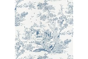 Yomshi Papel pintado autoadhesivo azul y blanco, 41 × 300 cm, papel pintado de animales vintage, película adhesiva extraíble de vinilo para sala de estar, dormitorio, armario