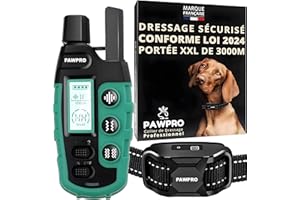 PAWPRO Collier de Dressage, Portée XXL de 3000m, Conforme Nouvelle Loi 2024 Bien-Être Animal, 3 Modes BIP, Boost Vibration, pour Chiens de Toutes Tailles, Marque Française (1pcs)