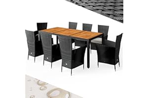 Casaria® Ensemble Salon de Jardin 9 pièces polyrotin Noir Set 1 Table + 8 chaises avec Coussins Bois d'acacia Exterieur