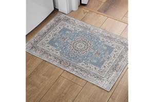 OMERAI Washable Rugs Living Room Area Rugs for Bedroom Small Rug Non-Slip Blue Carpet Boho Soft Faux Short Pile Rug 60X130CM Vintage Rugs Classic Traditional Rug