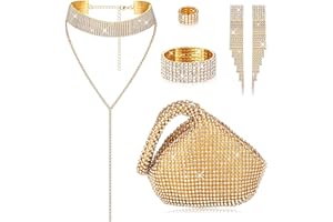 Kakonia 6 teiliges Damen-Kristall-Schmuck-Set, Strass-Halskette, Stretch-Armreif, Ring, Fransen, Ohrringe, Dreieck, Glitzer, Bling, Geldbörse für Braut, Hochzeit, Party