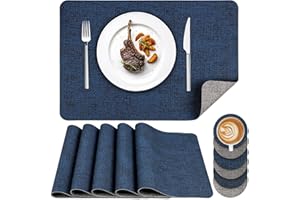 KLK Howala Placemats and Coasters Sets of 6 PU Leather Non-slip Heat Resistant Place Mats Waterproof Washable Dinning Table Mats for Home Kitchen Restaurant Hotel, Dark Blue