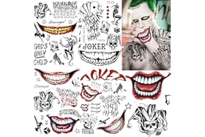 LAROI 5 Blatt 3D Joker Tattoo Herren Damen Klebetattoos Erwachsene, Fake Halloween Tattoos Zum Aufkleben Frauen Männer, Klebe Gothic Joker Temporäre Tattoo Aufkleber Halloween Gesicht Schminke Make UP