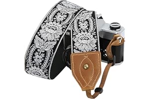 Padwa Lifestyle Silberne Blume Kameragurt - Doppellagigen Deckschicht Rindsleder Lederenden, 2" Breiter Vintage Baumwolle Bestickter Kameragurt, Verstellbare Kamerahals- und Schultergurte