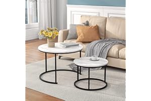 HOJINLINERO Black Round Coffee Table Set of 2 Side Table for Living Room,Nesting Table Industrial Stacking End Tables,Marble Pattern with Metal Frame End Table for Bedroom/Small Space,White
