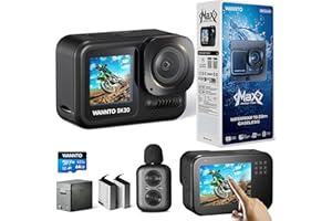 WANNTO Action Cam Motion Max 5K 30MP,IPX8 Unterwasserkamera 20M Wasserdicht ohne Gehäuse WiFi EIS Dual-Screen, mit 2in1 kabellosem Mikrofon Fernbedienung (Motion Max mit 64GB Speicherkarte)