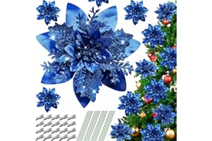 Serwalin 20pcs 14cm Weihnachten Blumen künstliche Blau Blumen Dekorationen mit Clips Stiele Glitter Weihnachtsbaum Ornamente Weihnachten Hochzeit Party Kranz Girlanden DIY(blau)