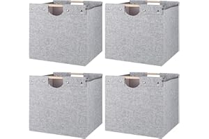 BinWhiz 33x33x33 cm Collapsible Storage Cubes, Fabric Bins with Wooden Handles for Kallax Shelves, Closet, Cabinet, Bookcase, Home Organizer Boxes for Decor and Laundry (Grey)