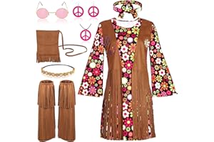 AOTHSO 8 Piece 70s Women Hippie Costume Peace Sign Earring Necklace Headband Dress Leg Sleeves Tassel Bag for Halloween Disco