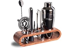 Mixology & Craft Cocktail Set (10-tlg.) - Edles Cocktail Shaker Set mit Shaker aus Edelstahl und Bar Zubehör im Holzständer aus Mahagoni - Dekoratives Geschenkset - Schwarz