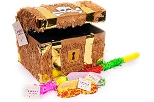 Trendario Pinata Set Schatztruhe, Pinjatta + Stab + Augenmaske, Ideal zum Befüllen mit Süßigkeiten und Geschenken - Piñata Schatzkiste für Piraten Kindergeburtstag Spiel, Geschenkidee, Party, Hochzeit