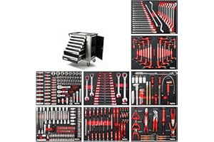 Mephisto XXL Werkzeugwagen Werkstattwagen mit 7 Schubladen Davon 7 mit Werkzeug in Soft Inlays in Carbonoptik gefüllte Schubladen zzgl. zusätzlicher Einlage mit Ringschlüssel-Set