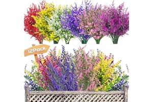 Garlag 12 Bundles Outdoor Artificial Flowers UV Resistant Fake Plants, Faux Plastic Lavender for Indoor Outside Garden Home Wedding Farmhouse Decor (Multi)