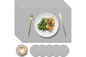 YUNJUER 6 Silicone Placemats + 6 Coasters Set, Heat-Resistant 450 °F Place Mats, Non-Slip and Washable, Decoration Accessories for Home, Hotel, Dining Table, Indoor, Outdoor, (Light Grey)