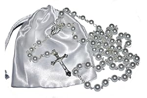 AMELIA MAE First Holy Communion Rosary Beads – Beautiful 1st Communion Keepsake Present - Gorgeous Girls or Boys Gift Set. Excellent Quality Five Decade Rosary with Silver Crucifix, Chain with Pearl effect beads supplied with FREE white satin drawstring pouch. For all religious occasions including Birthday New Baby Mothers/Fathers Day Christmas Baby Shower Memorial Anniversary Wedding Baptism Christening Confirmation. Suitable for all ages to pray this inspirational catholic devotion