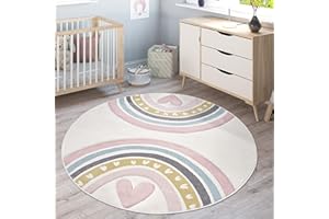 Paco Home Nursery Area Rug Kids Rug For Bedroom Girls Boys Blush 3D Modern Rainbow Heart Cream Pink Grey, Size:Ø 200 cm round
