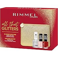 Rimmel London Kit Regalo Donna All That Glitters Collection, Pochette Small Glitterata con Smalto Nail Care Top Coat Ultra Sh