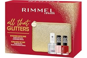 Rimmel London Kit Regalo Donna All That Glitters Collection - Pochette Small Glitterata con Smalto Nail Care Top Coat Ultra Shine, 60 Seconds 210 Ethereal e 315 Queen of Tarts