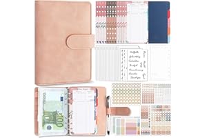 Biroyal Budget Planner Deutsch, A6 PU Leder Budget Binder, Finanzplaner Cash Stuffing, Geld Organizer Sparbuch mit Folien, Haushaltsbuch mit Geldfächer, Geld Sparen Mappe für Sinking Funds, Pink
