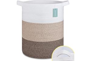 BOSROTY Large Blanket Basket, Nursery Hamper, Tall Laundry Basket 72L, Cotton Rope Woven Laundry Hamper for Storage Toys Clothes Towels, 40 x 55 CM, White & Gradient Brown