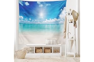 ABAKUHAUS Océan Tapisserie, Ciel et mer Tropicale, Décoration Murale en Tissu pour la Chambre à Coucher Le Salon Le dortoir, 230 cm X 140 cm, Crème Turquoise Blanc