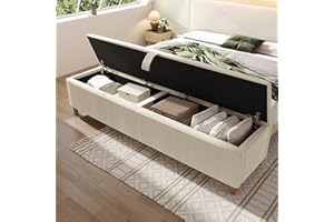 RIAZOS Polsterbank mit Hydraulischem Stauraum, 165 x 38 x 46 cm Aufbewahrungsbox, Bettbank Sitzbank für Flur, Wohnzimmer, Schlafzimmer, Cordstoff, Beige