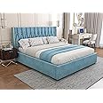 SABTA Modern Upholstered King Size Bed with Box Storage for Bedroom | Wooden Double Bed with Storage | Platform Cot Bed with Upholstery Premium Fabric | Sheesham Solid Wood, (Blue) | 6.5 x 6 Ft