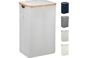 Lonbet kosz na pranie z pokrywką, jasnoszary, XL 100 l, z workami na pranie, do sypialni, bambusowy kosz na pranie, na brudne ubrania