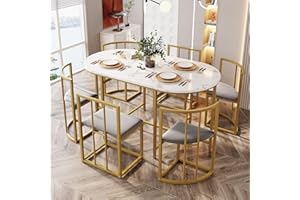 HAINEW Esstisch Set 7-teilig, Esszimmertisch mit 6 Essstühlen, Moderne Esszimmergruppe mit Oval Esstisch, Essgruppe mit Grau Gepolstert Essensstuhl und Vergoldeten Eisenrahmen (Golden-B)