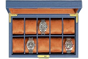 ROTHWELL Boîte à montres en cuir à 10 emplacements – Ecrins pour montres de luxe avec doublure en microsuède ultra douce, support verrouillable avec grand plateau en verre (bleu/beige)