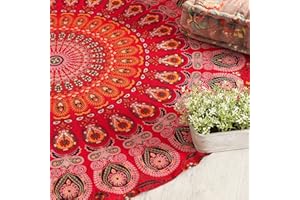 Popular Handicrafts - Arazzo rotondo da appendere al muro, in tessuto ombré, stile hippie, bohémien, hippy, intricato indiano, tovaglia 127 cm, rosso e giallo