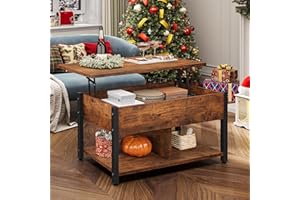 YITAHOME Lift Top Coffee Table, Easy-Lift, 2-Tier Storage, Adjustable Height with Hidden Storage Compartment and Shelf for Living Room, Office, Rustic Brown