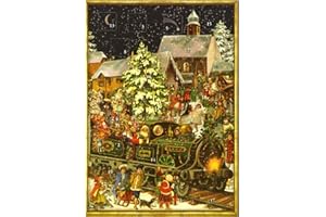 RICHARD SELLMER VERLAG Advent Calendars 491, mini calendario dell'Avvento con 24 caselle, 105 x 155 mm, bianco, con busta con Babbo Natale e treno e paesaggio innevato, design tradizionale tedesco