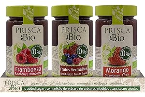 PRISCA Mermelada 100% Ecológica de Frambuesa, Frutos Rojos, Fresa - Sin Azúcar - 3 Unidades de 240 gr