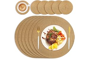 wiipara Round Woven Placemats Set of 6 Heat Resistant Round Braided Table Mats, 34 cm Washable Table Placemats and Coaster Sets for Dining Kitchen, Party, Wedding (Golden Brown)