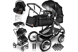 KIDUKU® Poussette Combinée 3 en 1 | Trio pour Enfants | Siége Auto Légère, Piable | Nacelle Souple Convertible | Set de Voyage (Noir)