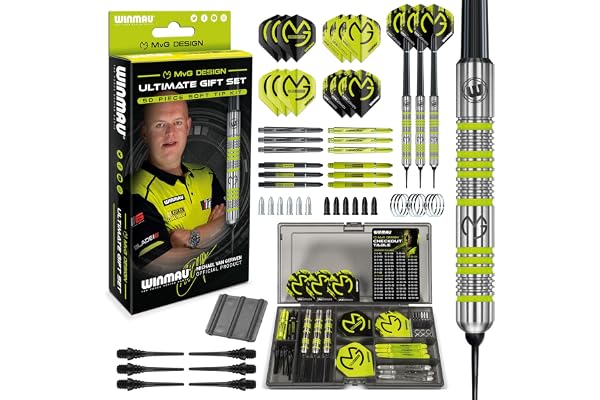 WINMAU Michael van Gerwen MvG Softip presentset – 50 delar dartset med 4 uppsättningar axlar, 4 uppsättningar flygningar plus tillbehör