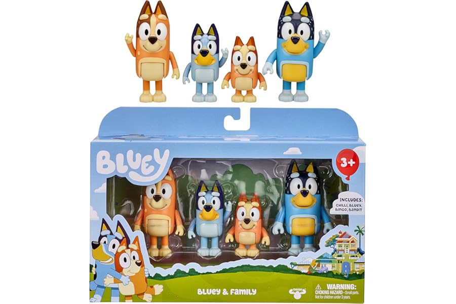 Bluey 13009 and Family: , Bingo, Bandit and Chilli 4 Figure pack Articulated Character Action Figures 2.5 inches Official Collectable Toy, Multicoloured