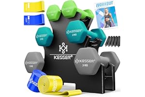 KESSER® Hantel-Set, 3 Paar, 1kg - 5kg, 12kg oder 18kg kurzhanteln mit Ständer Aufbewahrung, Fitnessstudio, Krafttraining, Hantelset rutschfeste Neopren, Mit Übungsheft, 2x Fitnessbänder